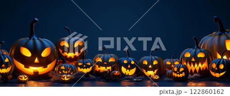 Multiple horror halloween evil night orange pumpkin lantern, candle on october celebration, glowing creepy face spooky jack o lantern decoration on dark background copyspace, fear ghost haunting 122860162