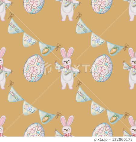 Seamless pattern on the theme of Easter, spring. cute Easter bunny and  with flowers. Easter Eggs, pastel colors design hand drawn. 122860175
