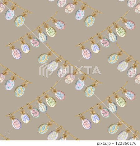 Seamless pattern on the theme of Easter, spring. cute Easter bunny and  with flowers. Easter Eggs, pastel colors design hand drawn. 122860176