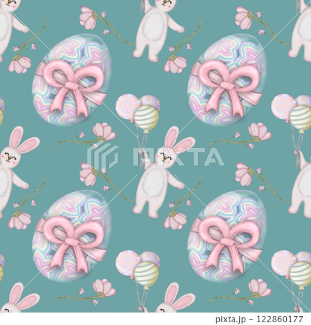 Seamless pattern on the theme of Easter, spring. cute Easter bunny and  with flowers. Easter Eggs, pastel colors design hand drawn. Seamless pattern on the theme of Easter, spring. cute Easter bunny and  with flowers. Easter Eggs, pastel colors design hand drawn. 122860177