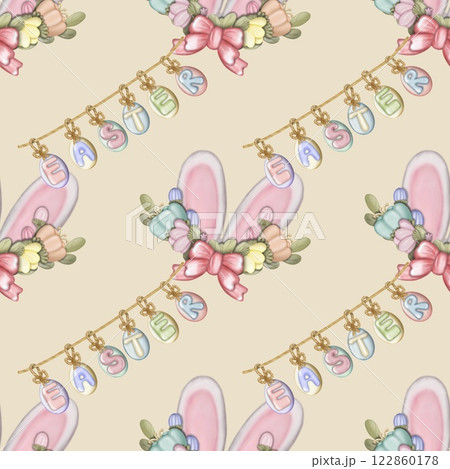 Seamless pattern on the theme of Easter, spring. cute Easter bunny and  with flowers. Easter Eggs, pastel colors design hand drawn. Seamless pattern on the theme of Easter, spring. cute Easter bunny and  with flowers. Easter Eggs, pastel colors design hand drawn. 122860178
