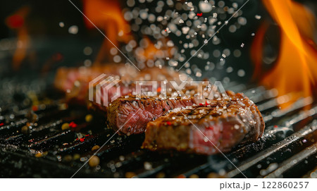 Close-up Slice juicy beef lamb rib steak meat grilled on heat hot roasted flame cooking meal, lunch dinner coal fire smoke with salt and pepper spice beefsteak for party picnic outdoor refreshment 122860257