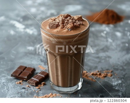 Chocolate organic almond high energy whey protein powder shake milkshake drink in glasses, healthy lifestyle refreshment vitamin nourishment breakfast food fitness power wellness bodybuilding workout 122860304
