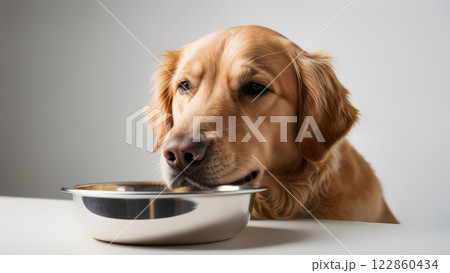 Golden retriever dog looking at empty bowl on white table 122860434
