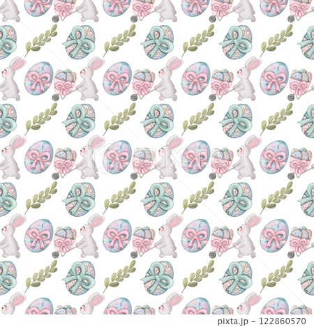 Seamless pattern on the theme of Easter, spring. cute Easter bunny and with flowers. Easter Eggs, pastel colors design hand drawn on transparent background. 122860570