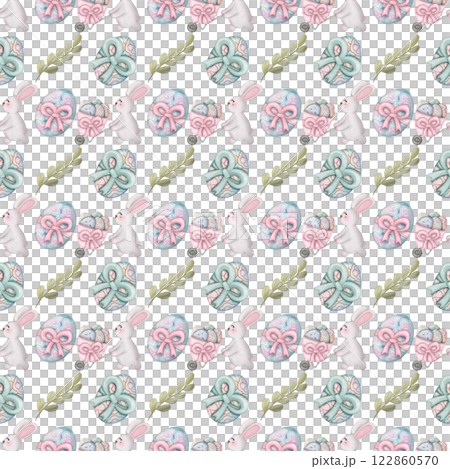 Seamless pattern on the theme of Easter, spring. cute Easter bunny and with flowers. Easter Eggs, pastel colors design hand drawn on transparent background. 122860570
