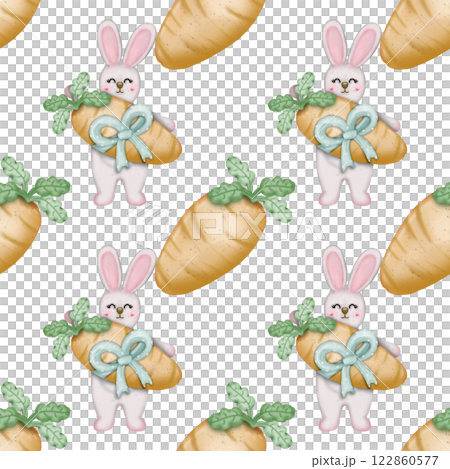 Seamless pattern on the theme of Easter, spring. cute Easter bunny and with flowers. Easter Eggs, pastel colors design hand drawn on transparent background. 122860577