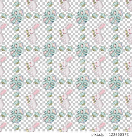 Seamless pattern on the theme of Easter, spring. cute Easter bunny and with flowers. Easter Eggs, pastel colors design hand drawn on transparent background. 122860578
