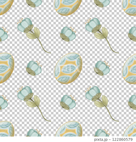 Seamless pattern on the theme of Easter, spring. cute Easter bunny and with flowers. Easter Eggs, pastel colors design hand drawn on transparent background. 122860579
