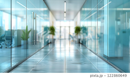 Beautiful architecture design of corridor hall in modern indoor interior workplace office hospital with glass window partition, blurred meeting open room inside with light center building department Beautiful architecture design of corridor hall in modern indoor interior workplace office hospital with glass window partition, blurred meeting open room inside with light center building department 122860649