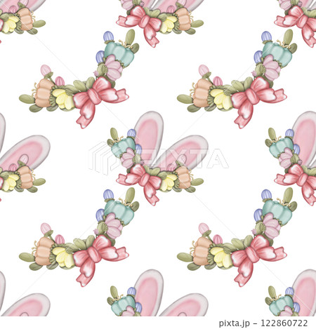 Seamless pattern on the theme of Easter, spring. cute Easter bunny and with flowers. Easter Eggs, pastel colors design hand drawn on transparent background. Seamless pattern on the theme of Easter, spring. cute Easter bunny and with flowers. Easter Eggs, pastel colors design hand drawn on transparent background. 122860722