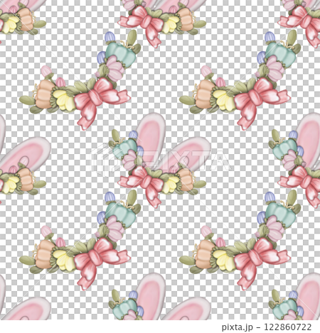 Seamless pattern on the theme of Easter, spring. cute Easter bunny and with flowers. Easter Eggs, pastel colors design hand drawn on transparent background. Seamless pattern on the theme of Easter, spring. cute Easter bunny and with flowers. Easter Eggs, pastel colors design hand drawn on transparent background. 122860722