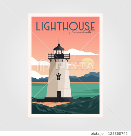 lighthouse and sunset view vintage poster vector background illustration design, vintage ocean park poster design 122860743