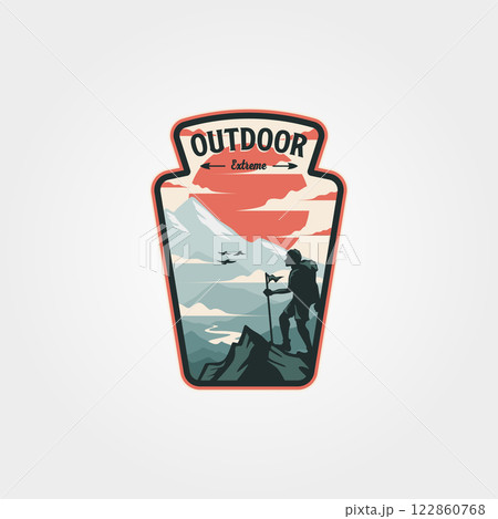 outdoor logo adventure vintage label patch illustration design, man hiking badge design 122860768
