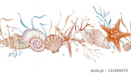 Undersea Seamless border with sea and Star. Hand drawn watercolor illustration of Sea Shell ornament on white isolated background. Drawing of undersea Frame with corals and seaweeds for banner. Undersea Seamless border with sea and Star. Hand drawn watercolor illustration of Sea Shell ornament on white isolated background. Drawing of undersea Frame with corals and seaweeds for banner. 122860870