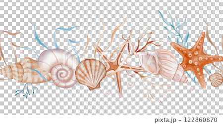 Undersea Seamless border with sea and Star. Hand drawn watercolor illustration of Sea Shell ornament on white isolated background. Drawing of undersea Frame with corals and seaweeds for banner. Undersea Seamless border with sea and Star. Hand drawn watercolor illustration of Sea Shell ornament on white isolated background. Drawing of undersea Frame with corals and seaweeds for banner. 122860870