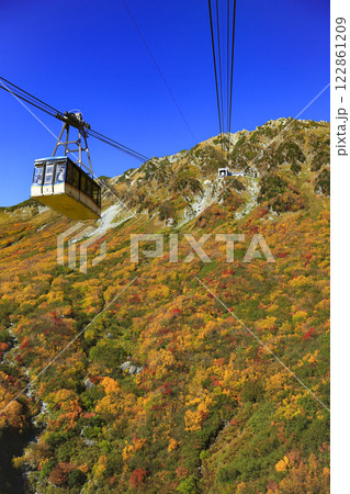 立山黒部の美しい紅葉と青空の下のロープウェイ 122861209
