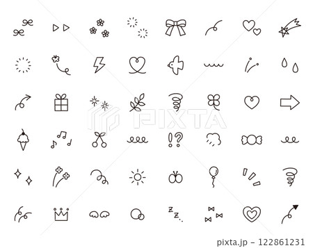 手書き風のシンプルアイコンのベクターイラストセット。飾り、ハート、シンプル、星、花、蝶 122861231