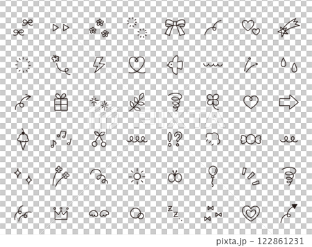 手書き風のシンプルアイコンのベクターイラストセット。飾り、ハート、シンプル、星、花、蝶 122861231
