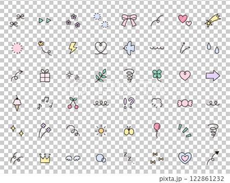 一組簡單的手繪圖圖示向量插圖。裝飾物，心形，簡單，星星，花朵，蝴蝶 122861232