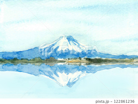 水彩で描いた鏡富士のイラスト【手描き】コピースペースあり 水彩で描いた鏡富士のイラスト【手描き】コピースペースあり 122861236