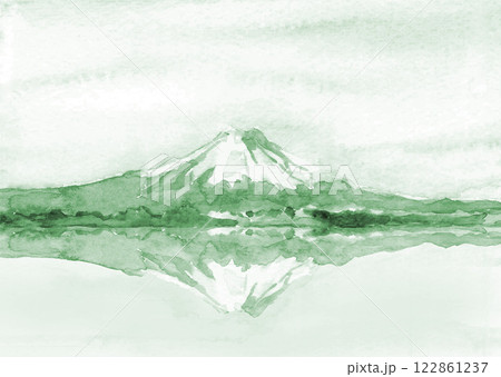水彩で描いた鏡富士のグリーン系イラスト【手描き】コピースペースあり 122861237