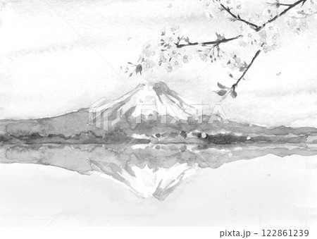 水彩で描いた桜の枝と冠雪した山のモノトーン風景イラスト【手描き