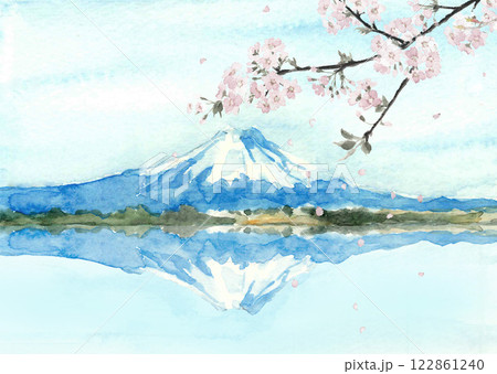水彩で描いた桜の枝と冠雪した逆さ富士の風景イラスト【手描き】コピースペースあり 122861240