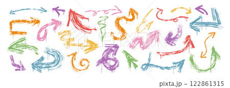 Hand drawn colored rough and thin arrows different shapes, brush stroke graffiti pointer design elements Hand drawn colored rough and thin arrows different shapes, brush stroke graffiti pointer design elements 122861315
