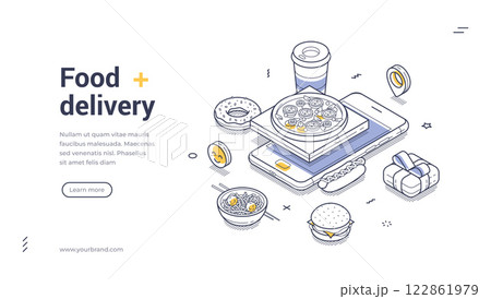 Delivery app concept featuring diverse food items and beverages arranged in a modern isometric web banner 122861979