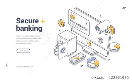 Secure online banking with digital elements and financial icons isometric line art web banner, landing page template 122861980