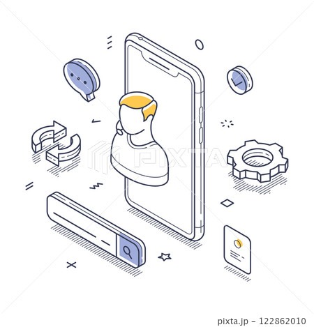 Online tech support help vector illustration isometric line art design elements and tools 122862010