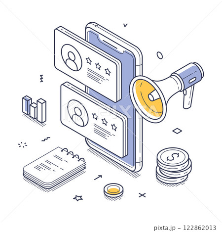 Online reviews and feedback mechanisms with a smartphone and a megaphone isometric line art 122862013