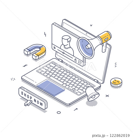 Laptop displaying an online shopping platform with marketing video advertising 122862019