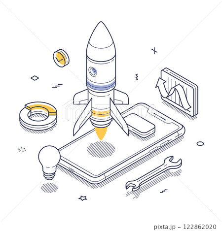 Rocket launch from a smartphone with various tech elements 122862020