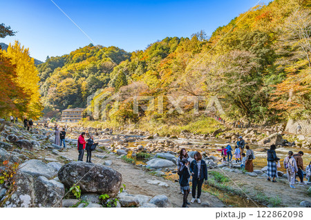豊田市の香嵐渓の秋の紅葉と巴川の風景(愛知県) 122862098