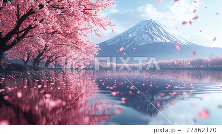 桜並木と富士山の幻想的な春の風景 122862170