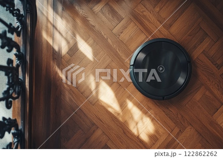 Robot vacuum cleaner on parket floor. 122862262