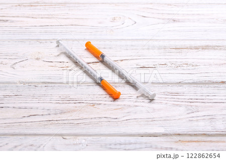 Top view of insulin syringe prepared for injection at wooden background. Diabetes concept with copy space Top view of insulin syringe prepared for injection at wooden background. Diabetes concept with copy space 122862654