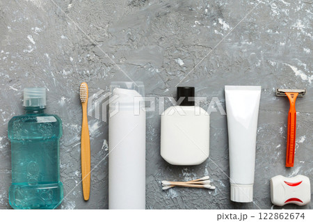 Mockup for bathing products top view flat lay, spa razor, toothpaste, soap, gel and other various accessories. Cosmetics for skin health. Bath Mockup for your logo Mockup for bathing products top view flat lay, spa razor, toothpaste, soap, gel and other various accessories. Cosmetics for skin health. Bath Mockup for your logo 122862674
