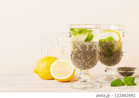 Healthy breakfast or morning with chia seeds lemon and mint on table background, vegetarian food, diet and health concept. Chia pudding with lemon and mint Healthy breakfast or morning with chia seeds lemon and mint on table background, vegetarian food, diet and health concept. Chia pudding with lemon and mint 122862692