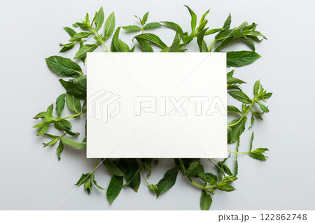 Wreath frame made of empty paper blank with space for text and mint leaves on colored background. . Mint Pattern. Flat lay. Top view 122862748