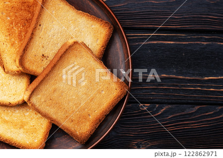 Toast bread in a plate photography . Top view 122862971