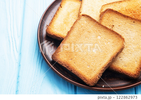 Toast bread in a plate photography . Top view 122862973