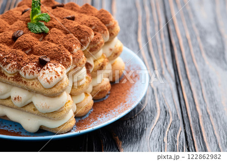 Classic Tiramisu Dessert on Rustic Plate 122862982