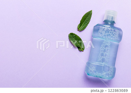 Mouthwash and fresh mint on colored background, top view with copy space for text 122863089