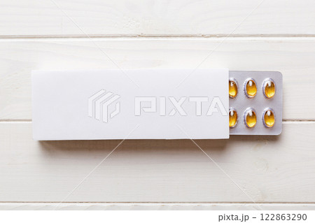 Blank White Product Package Box Mock-up. Open blank medicine drug box with blister top view 122863290