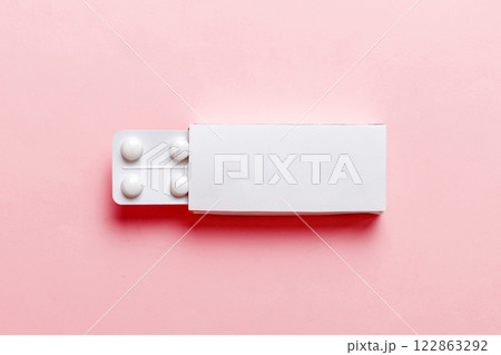 Blank White Product Package Box Mock-up. Open blank medicine drug box with blister top view 122863292