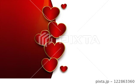 Romantic design background featuring spectacular red 3D hearts with gold border on red and white gradient background with space for text. Romantic design background featuring spectacular red 3D hearts with gold border on red and white gradient background with space for text. 122863360