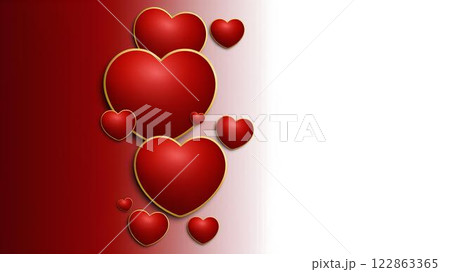 Romantic design background featuring spectacular red 3D hearts with gold border on red and white gradient background with space for text. 122863365